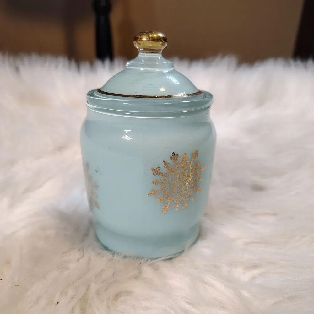 Vtg Light Blue Frosted Glass MCM Vanity Trinket Jar Lid Gold Snowflakes